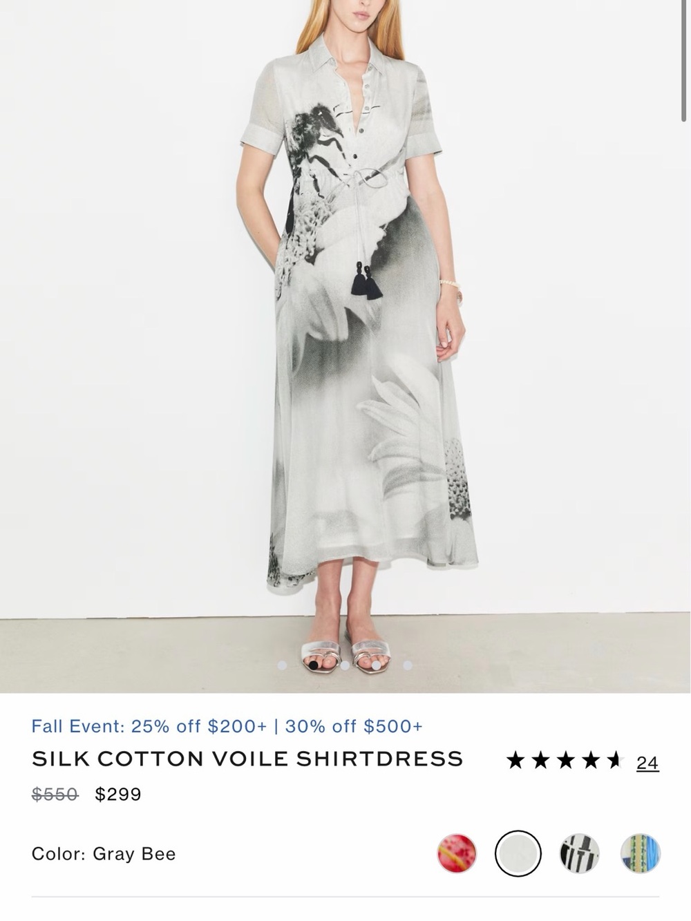 Tory Burch Gray Floral Bee Silk-Cotton Midi Shirtdress